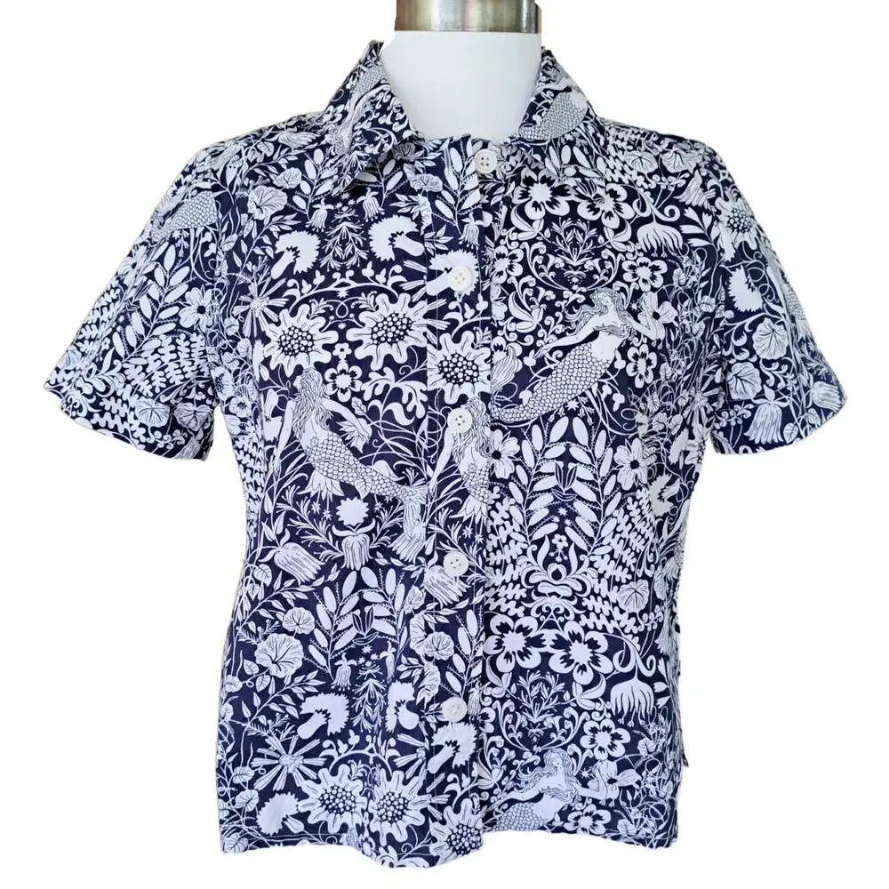 J CREW Gamine Button Down Short Sleeve Shirt Mermaid Floral  4 Navy Relaxed Fit